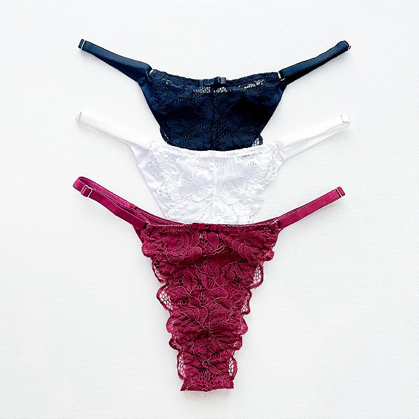 Calcinha Luana (branco, preto e bordô)  - Kit com 3