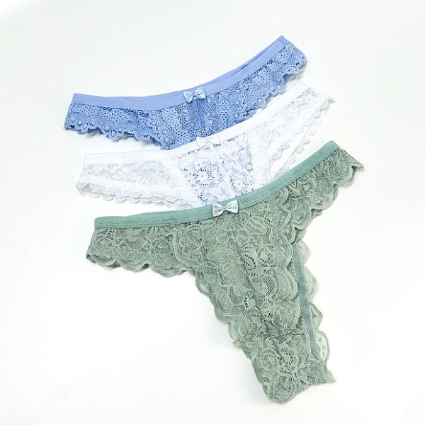 Calcinha Ana (branco, verde e azul claro) - Kit com 3