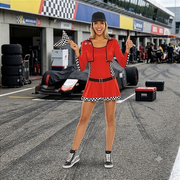 Fantasia Piloto de Corrida Feminina Manga Longa Adulto - SOMENTE ALUGUEL