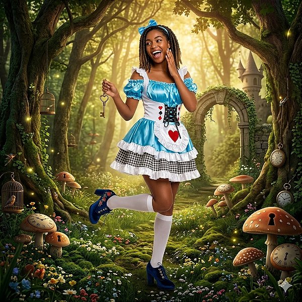 Fantasia Alice no País das Maravilhas Cetim Adulto - SOMENTE ALUGUEL