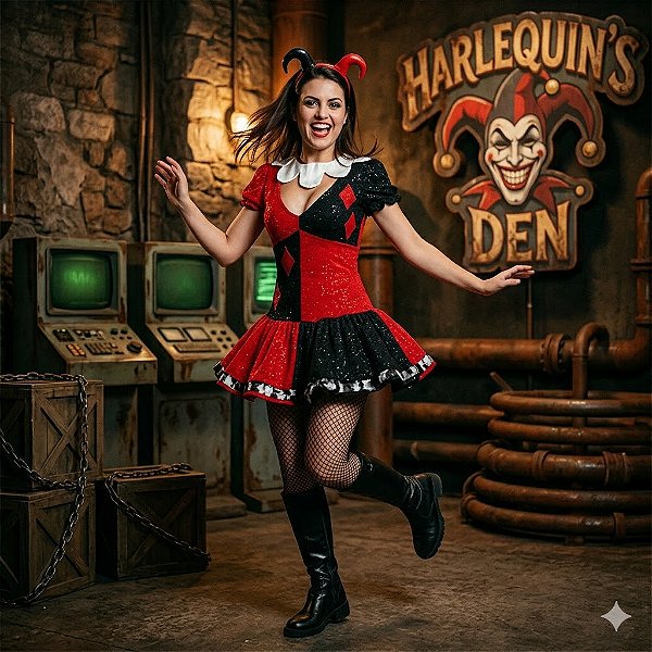 Fantasia Arlequina Vestido Retrô Adulto - SOMENTE ALUGUEL