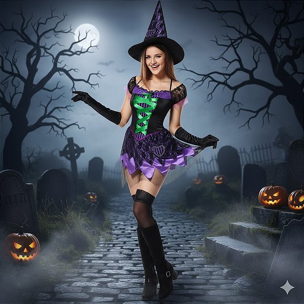 Fantasia Bruxa Corações Adulto - SOMENTE ALUGUEL