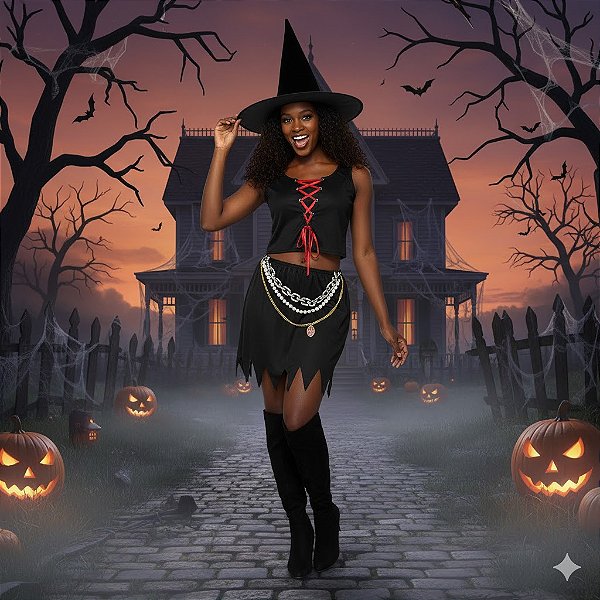 Fantasia Bruxa Correntes Adulto- SOMENTE ALUGUEL