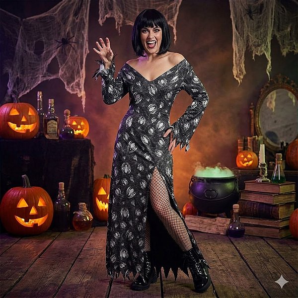 Fantasia Feiticeira Estampa Aranha Adulto - SOMENETE ALUGUEL