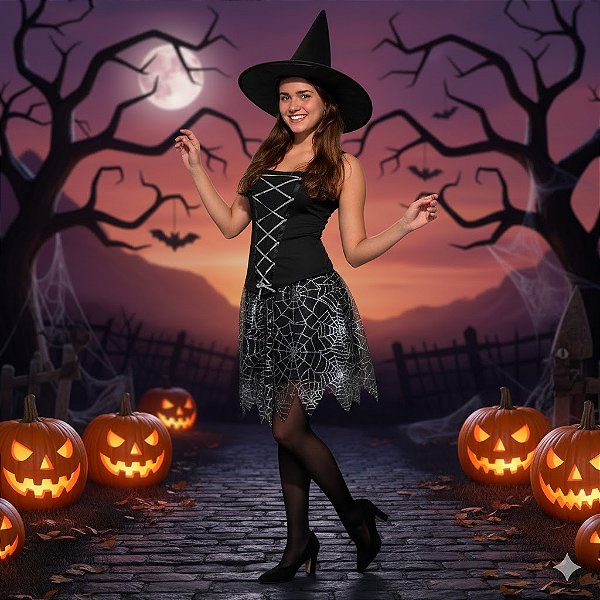 Fantasia Bruxa Teias Adulto - SOMENTE ALUGUEL