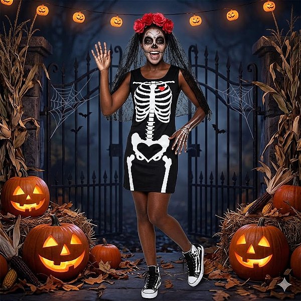 Fantasia Caveira Mexicana Tubinho Adulto - SOMENTE ALUGUEL