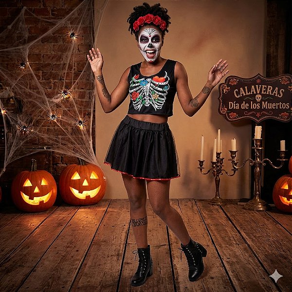 Fantasia Caveira Mexicana Conjunto Adulto - SOMENTE ALUGUEL