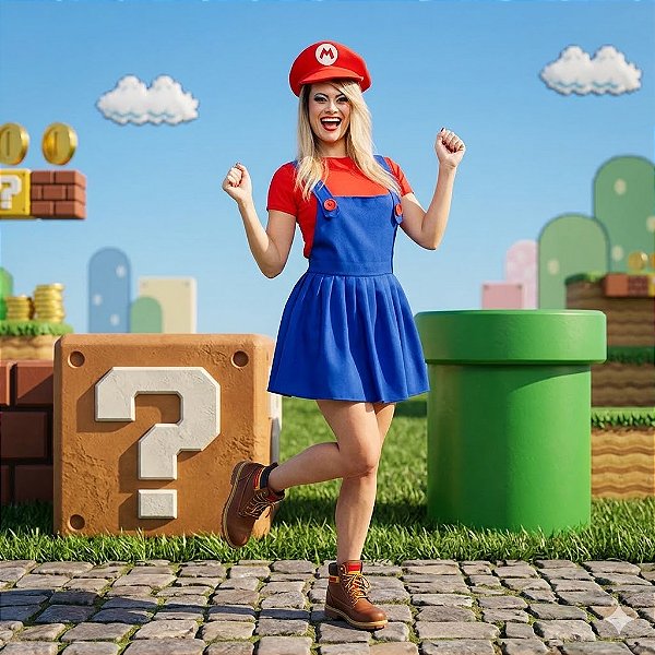 Fantasia Mario Feminina Jardineira Adulto - SOMENTE ALUGUEL