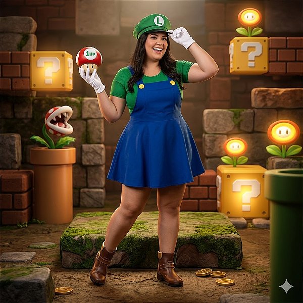 Fantasia Luigi Feminina Jardineira Adulto - SOMENTE ALUGUEL