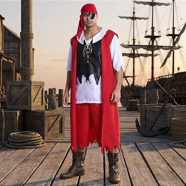 Fantasia Masculina Pirata Verão Colete Adulto - SOMENTE ALUGUEL
