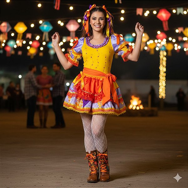 Fantasia Conjunto Feminino Junino Amarelo com Bandeiras Adulto - SOMENTE ALUGUEL