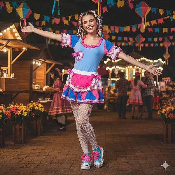 Fantasia Conjunto Feminino Junino Azul com Corações Adulto - SOMENTE ALUGUEL