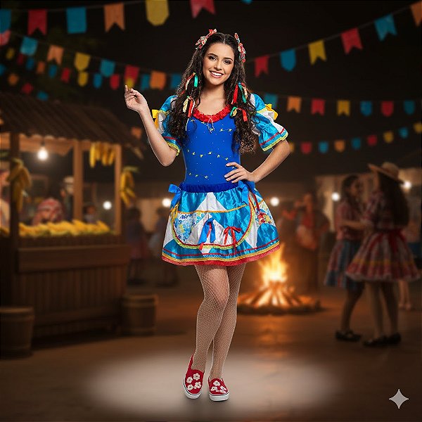 Fantasia Conjunto Feminino Junino Azul com Bandeiras Adulto - SOMENTE ALUGUEL