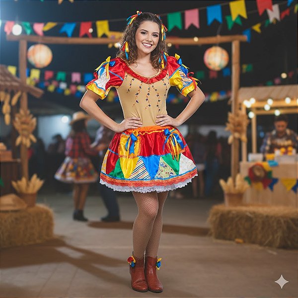 Fantasia Conjunto Feminino Junino Bege com Bandeiras Adulto - SOMENTE ALUGUEL