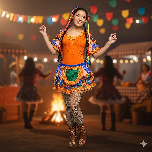 Fantasia Conjunto Feminino Junino Laranja com Bandeiras Adulto - SOMENTE ALUGUEL