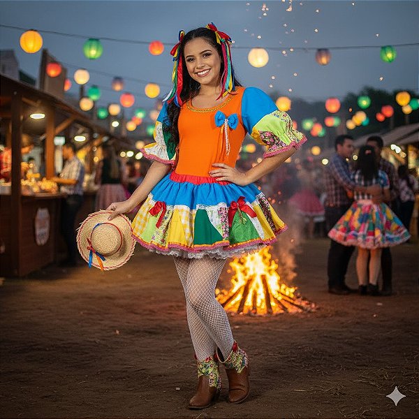 Fantasia Conjunto Feminino Junino Laranja com Laço Adulto - SOMENTE ALUGUEL