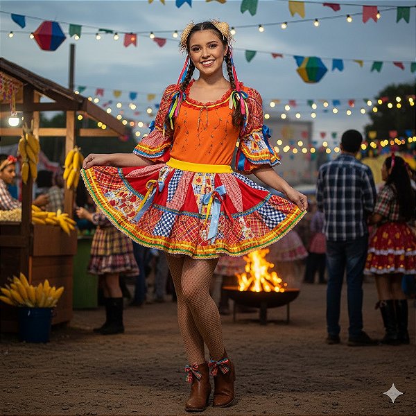 Fantasia Conjunto Feminino Junino Laranja com Xadrez Adulto - SOMENTE ALUGUEL