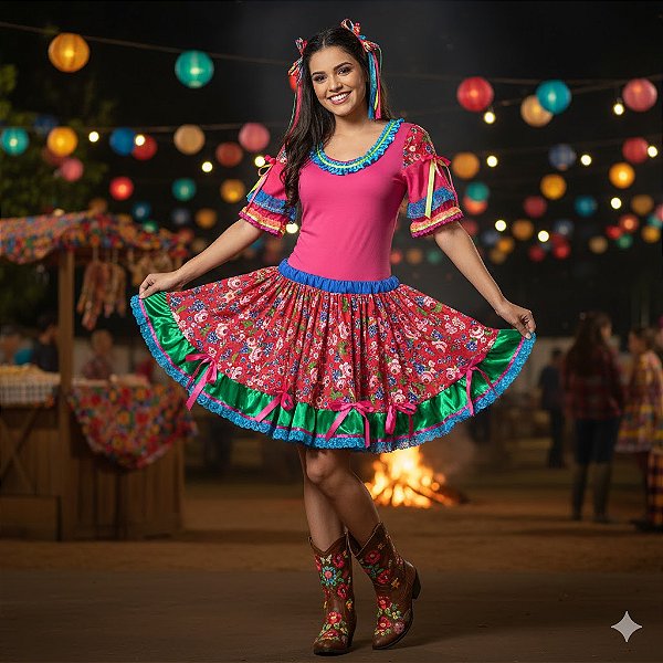 Fantasia Conjunto Feminino Junino Luxo Florido Adulto - SOMENTE ALUGUEL