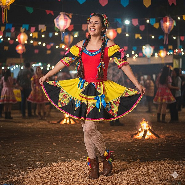 Fantasia Conjunto Feminino Junino Vermelho Laços Luxo - SOMENTE ALUGUEL