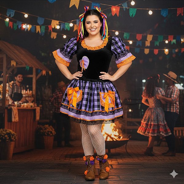 Fantasia Conjunto Feminino Junino Preto com Corações Luxo Adulto - SOMENTE ALUGUEL