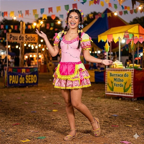 Fantasia Conjunto Feminino Junino Pink Neon Adulto - SOMENTE ALUGUEL