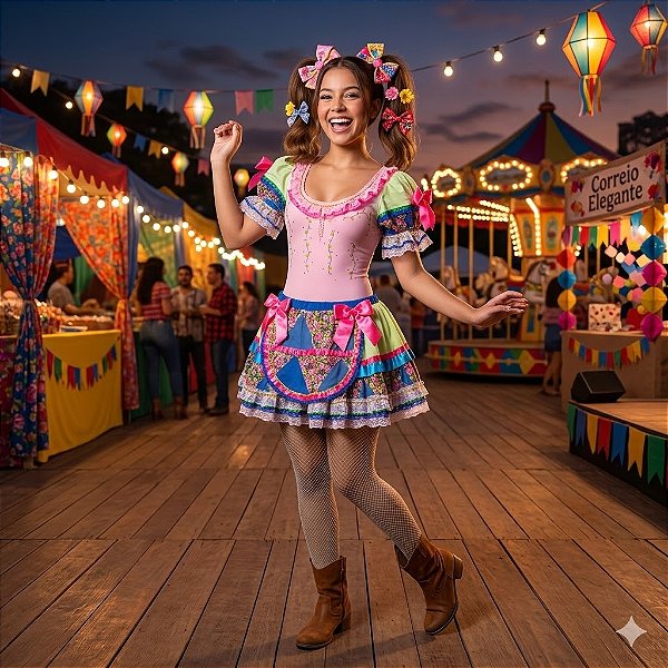Fantasia Conjunto Feminino Junino Rosa com Laços Adulto - SOMENTE ALUGUEL