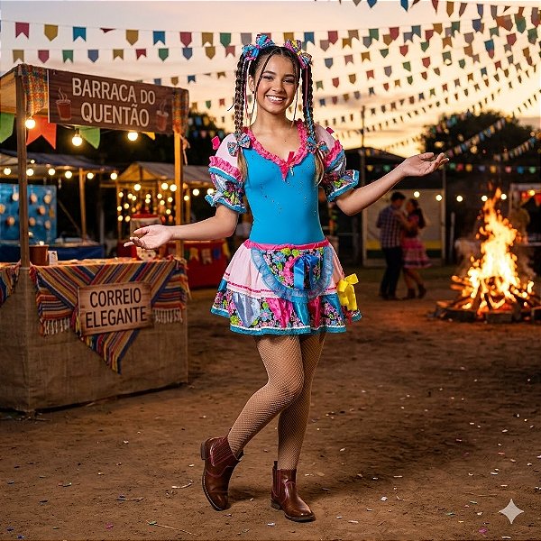 Fantasia Conjunto Feminino Junino Turquesa com Laços Adulto - SOMENTE ALUGUEL