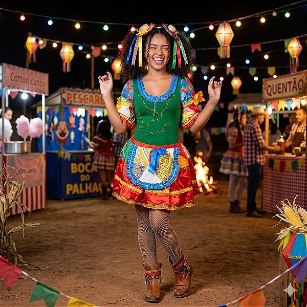 Fantasia Conjunto Feminino Junino Verde com Bandeiras Adulto - SOMENTE ALUGUEL