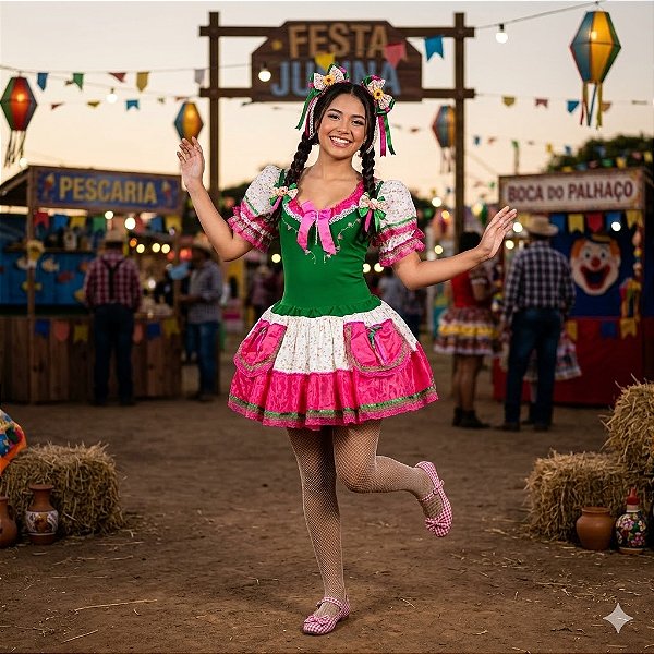 Fantasia Conjunto Feminino Junino Verde com Bolsos Adulto - SOMENTE ALUGUEL