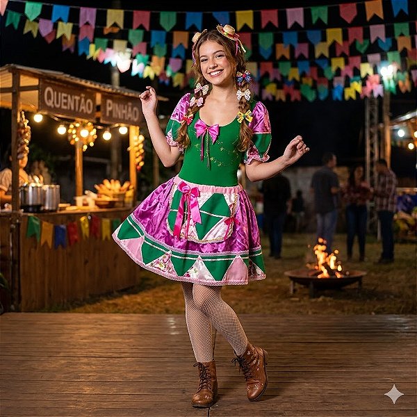 Fantasia Conjunto Feminino Junino Verde com Retalhos Adulto - SOMENTE ALUGUEL