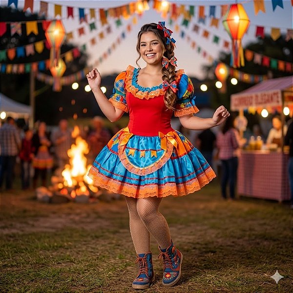 Fantasia Conjunto Feminino Junino Vermelho com Rendas Adulto - SOMENTE ALUGUEL