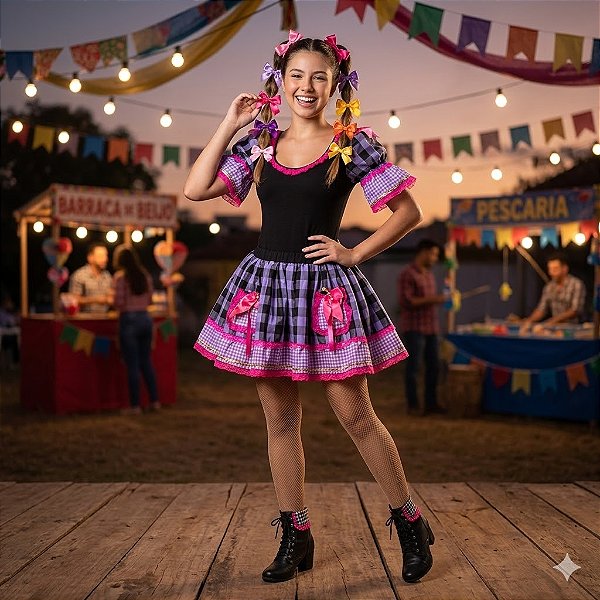 Fantasia Conjunto Feminino Junino Preto Xadrez Adulto - SOMENTE ALUGUEL