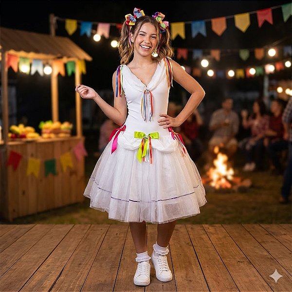 Fantasia Noiva Junina Collant com Fitas Adulto - SOMENTE ALUGUEL