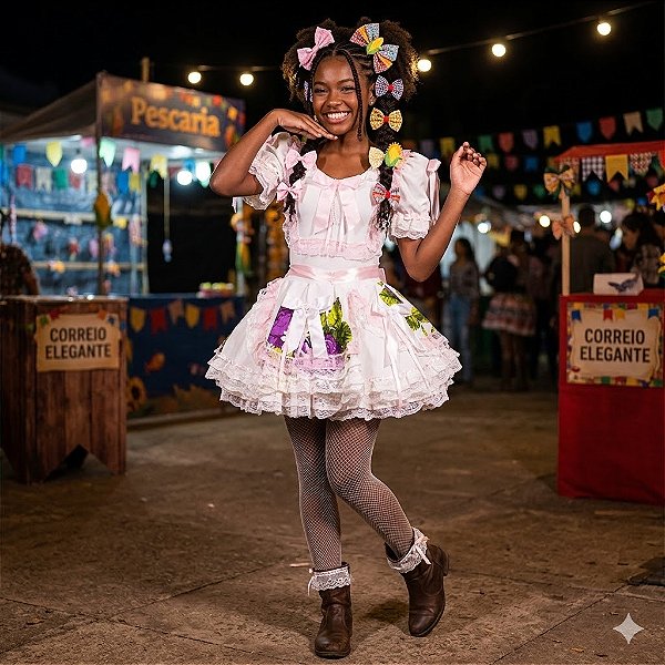 Fantasia Noiva Junina Flores com Renda Rosa Adulto - SOMENTE ALUGUEL