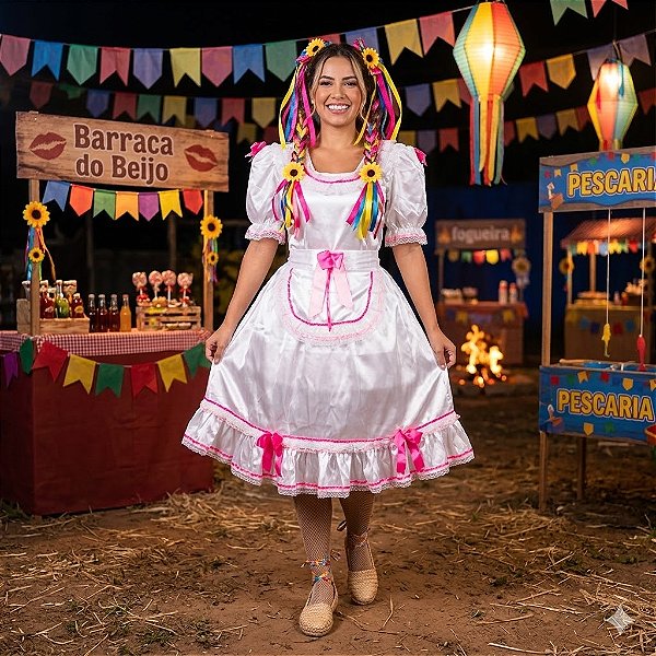Fantasia Noiva Junina Comprida com Fitas Adulto - SOMENTE ALUGUEL
