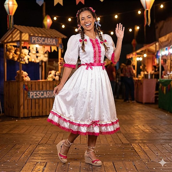 Fantasia Noiva Junina Comprida com Rendas Adulto - SOMENTE ALUGUEL