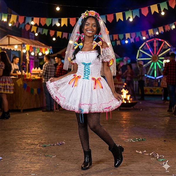 Fantasia Noiva Junina Luxo Trançada Adulto - SOMENTE ALUGUEL
