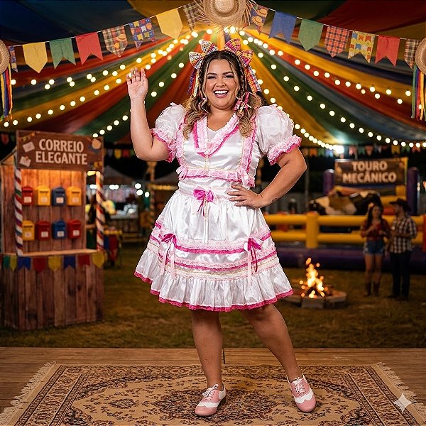 Fantasia Noiva Junina Vestido com Rendas Adulto - SOMENTE ALUGUEL