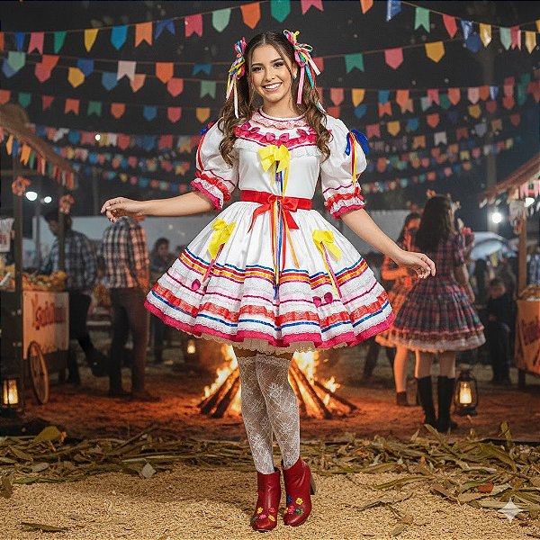 Fantasia Noiva Junina Vestido Rendado Adulto - SOMENTE ALUGUEL