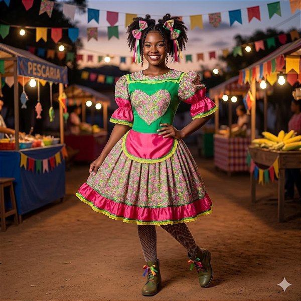 Fantasia Vestido Junino com Coração Florido Adulto - SOMENTE ALUGUEL