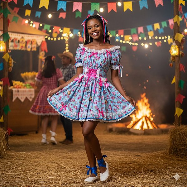 Fantasia Vestido Junino Luxo Ajustável Adulto - SOMENTE ALUGUEL
