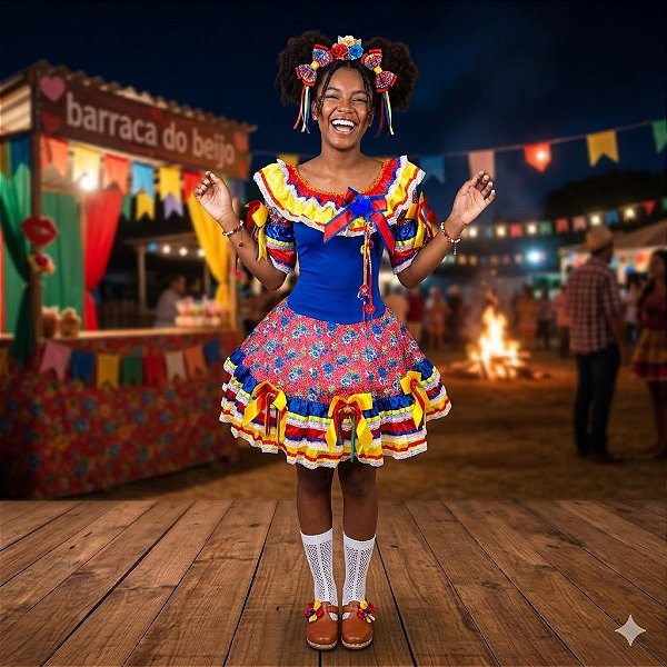 Fantasia Vestido Junino Luxo com Babados e Laços Adulto - SOMENTE ALUGUEL
