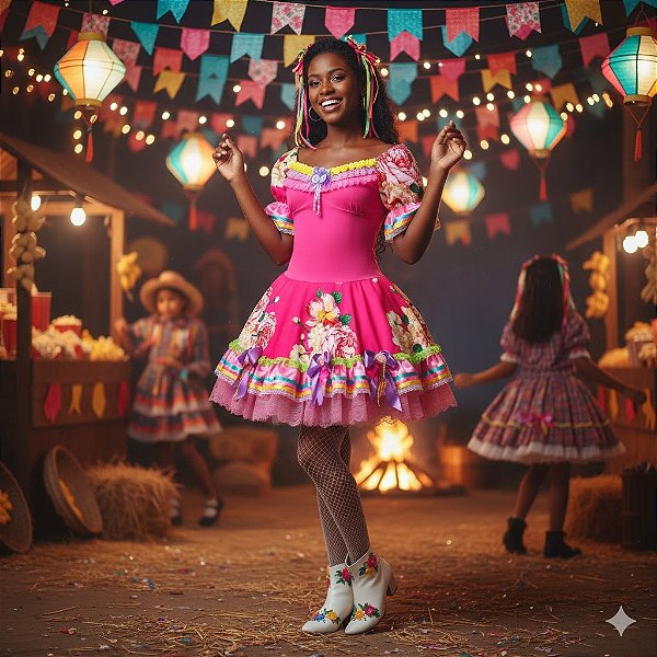 Fantasia Vestido Junino Luxo Florido com Bojo Adulto - SOMENTE ALUGUEL