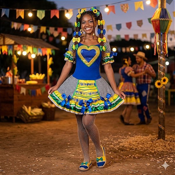 Fantasia Vestido Junino Luxo do Brasil com Coração Adulto - SOMENTE ALUGUEL