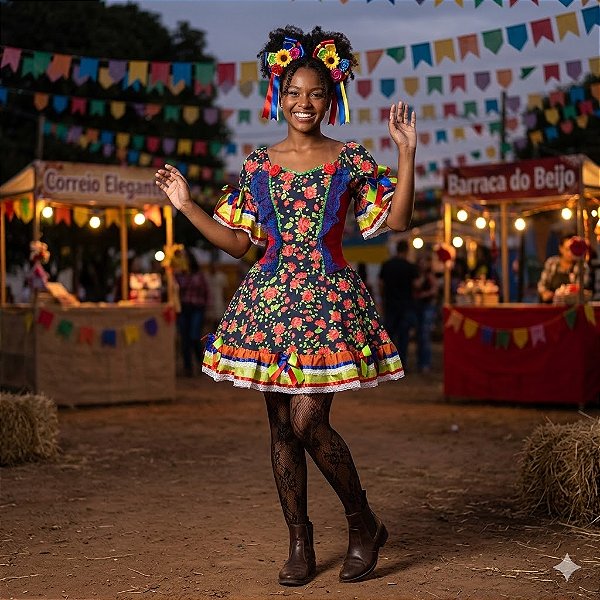 Fantasia Vestido Junino Luxo Florido com Rendas Adulto - SOMENTE ALUGUEL