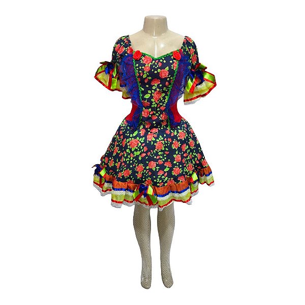 Vestido Junino Luxo Florido com Rendas - SOMENTE ALUGUEL