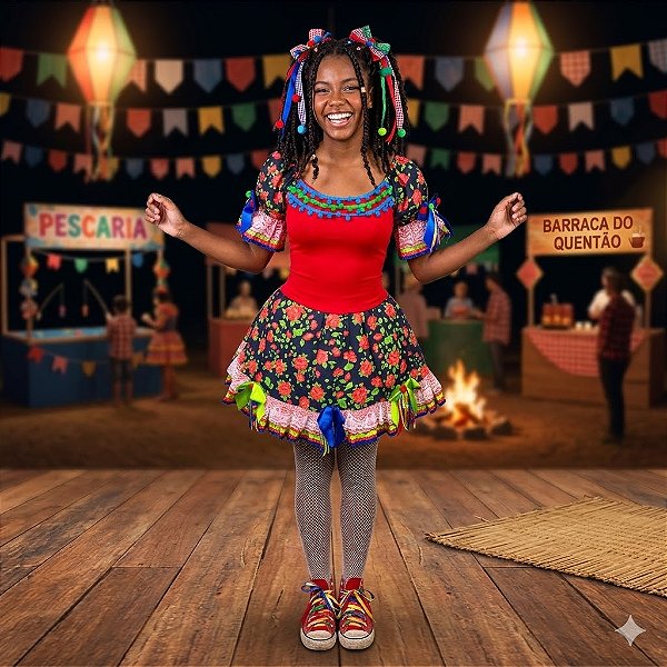 Vestido Junino Luxo com Bolinhas na Gola - SOMENTE ALUGUEL