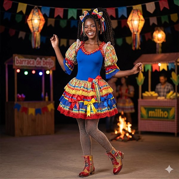 Fantasia Vestido Junino Luxo com Mangas em Xadrez Adulto - SOMENTE ALUGUEL