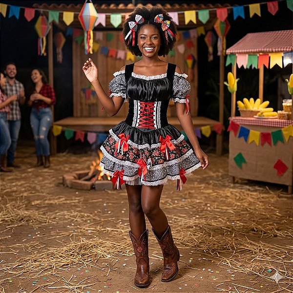 Fantasia Vestido Junino Luxo Ajustável em Cetim Adulto - SOMENTE ALUGUEL