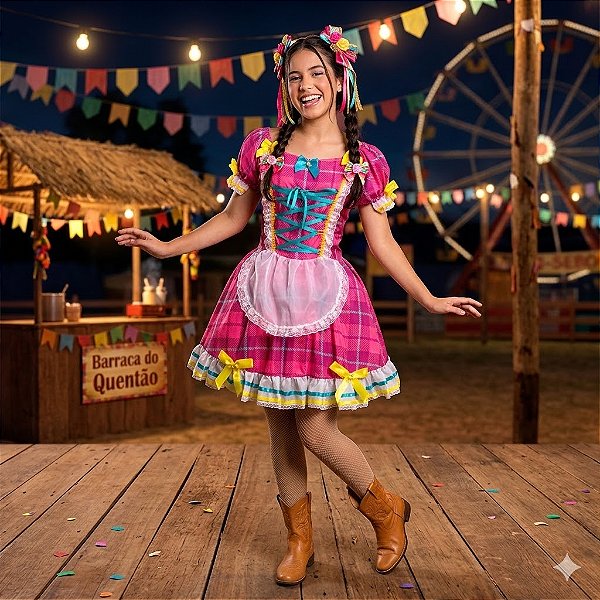 Fantasia Vestido Junino Luxo Trançado com Avental Adulto - SOMENTE ALUGUEL